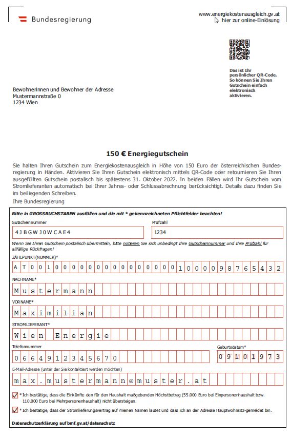 Pro Haushalt und zahlungsverpflichteter Person kann jeweils ein Energiegutschein eingelöst werden.