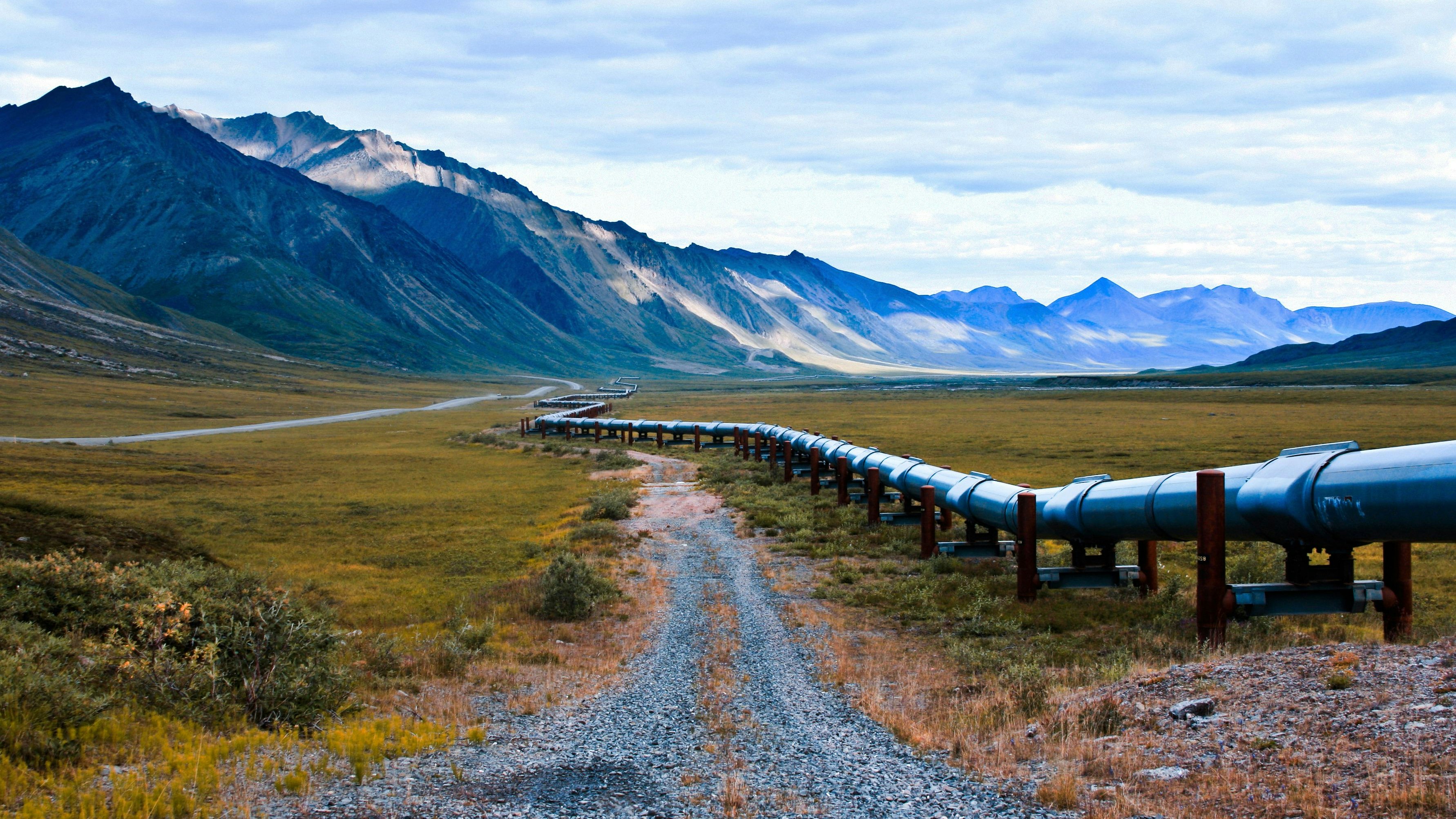 an image of the trans-alaskan oil pipeline that carries oil from the northern part of Alaska all the way to valdez. this shot is right near the arctic national wildlife refuge