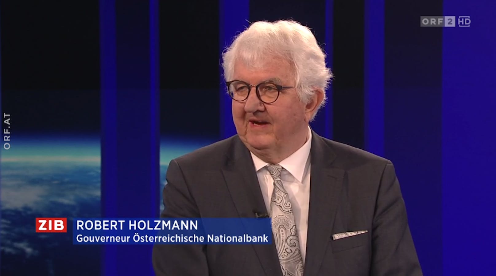 OeNB-Gouverneur Robert Holzmann zu Gast in der ZIB2 bei Margit Laufer am 29. April 2020.