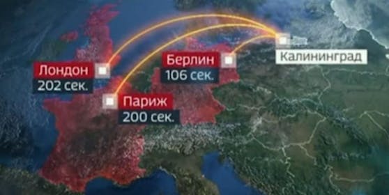 Diese Grafik, die das russische Staatsfernsehen eingeblendet hat, zeigt, wie schnell russische Atomraketen Berlin, Paris und London treffen können.