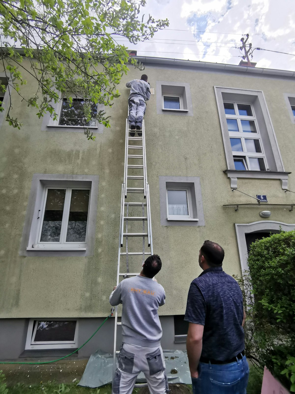 Bauarbeiter mauern unabsichtliche Vogelnest in Fassade ein.