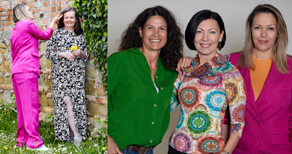 Manuela K. (60) wurde von Fotografin Caro Strasnik, Stylistin Irmie Schüch-Schamburek und Visagistin Miriam Braunböck (2. Bild, v.l.) in Szene gesetzt.