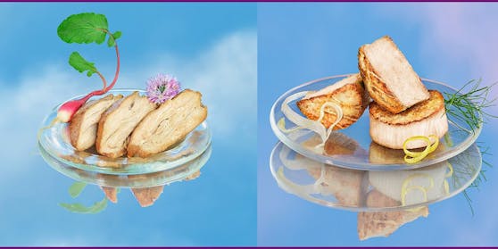 AirProtein-Huhn (links) und AirProtein-Jakobsmuscheln (rechts).