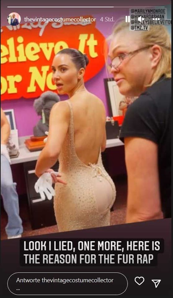 "The Vintage Costume Collector" stellte auf Instagram die Frage, ob Kim Kardashian in das Kleid passte und liefert den Foto-Beweis