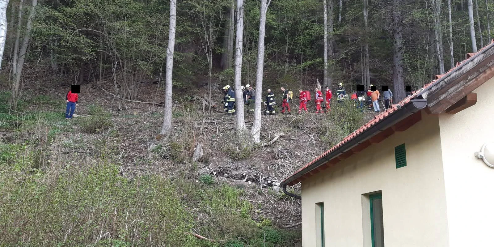 Der Tross von Rettungskräften am Weg in den Wald.