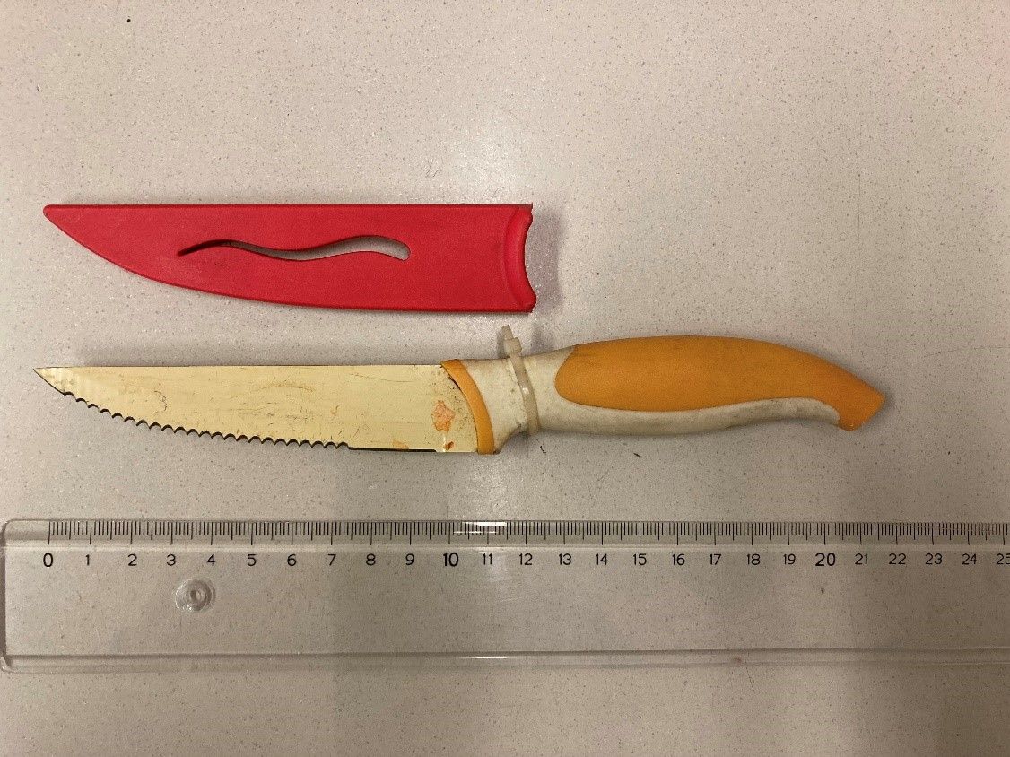 Mit diesem Küchenmesser soll der Verdächtige die ihm unbekannte Frau bedroht haben.