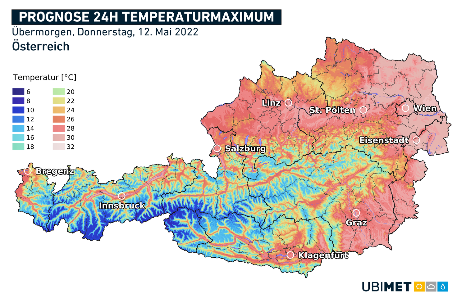 Prognose der Höchsttemperatur am Donnerstag, den 12. Mai 2022