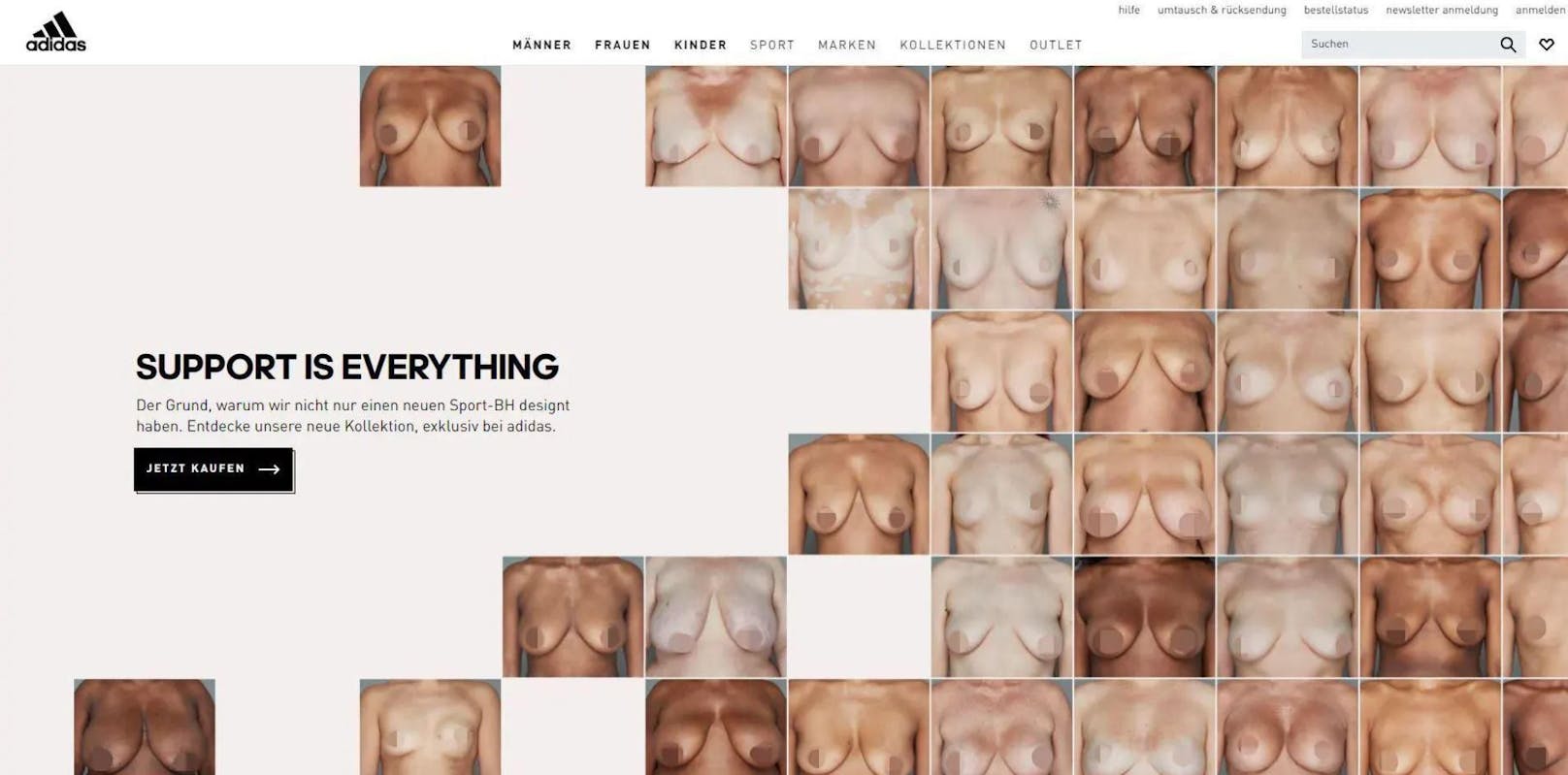 Mit der Kampagne "Support for Everything" sorgt Adidas seit diesem Frühjahr für Aufsehen. Darauf sind die entblössten Brüste von Frauen zu sehen. Die Marke will damit für mehr Diversität einstehen.