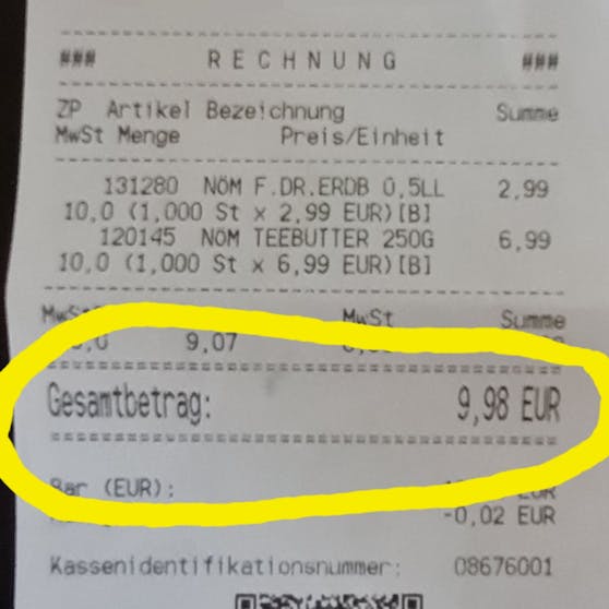 Kundin zahlte für 250 Gramm Butter und halben Liter Erdbeermilch 9,98 Euro.