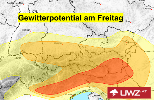 Gewitterpotential am Freitag (rot = kräftige Gewitter möglich). 