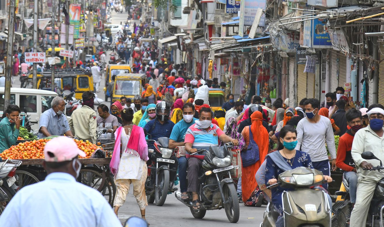 Beawar,  Rajasthan, India, April 19, 2021: People roam at the main market without maintaining social distancing, amid surge in Coronavirus cases across the country, in Beawar. Rajasthan Government declared lockdown called 'Jan Anushasan Pakhwada' (Public Discipline Fortnight) for prevention of pandemic till 3 May