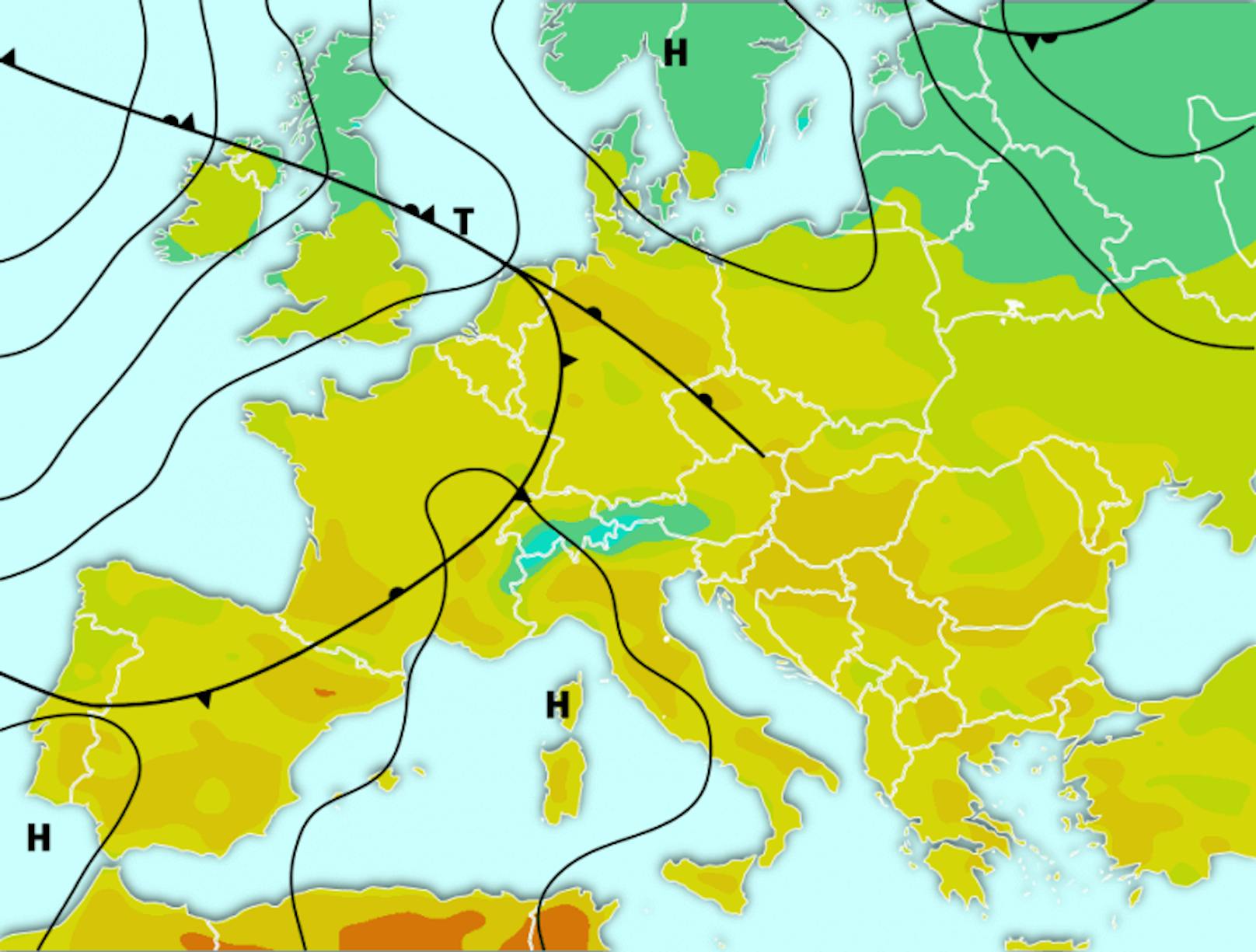 In der Mittagszeit wird Österreich im sogenannten Warmsektor, also im Bereich zwischen Warm- und Kaltfront, liegen.