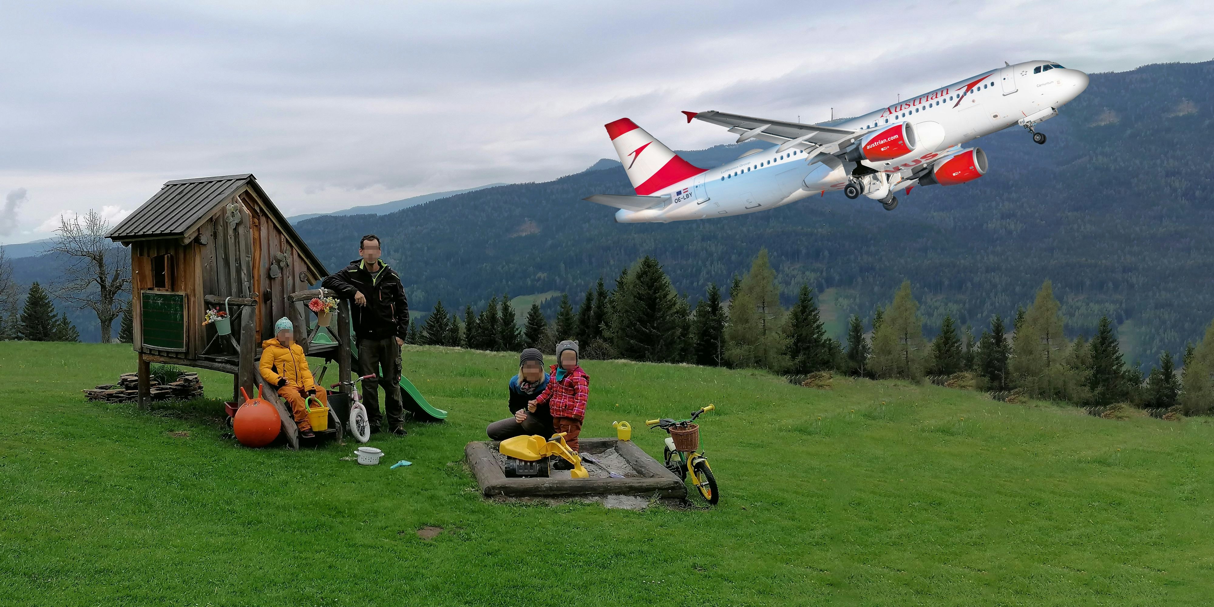 Der Flugzeugtechniker mit seiner Familie auf der Alm, ein AUA-Flieger. (Montage)