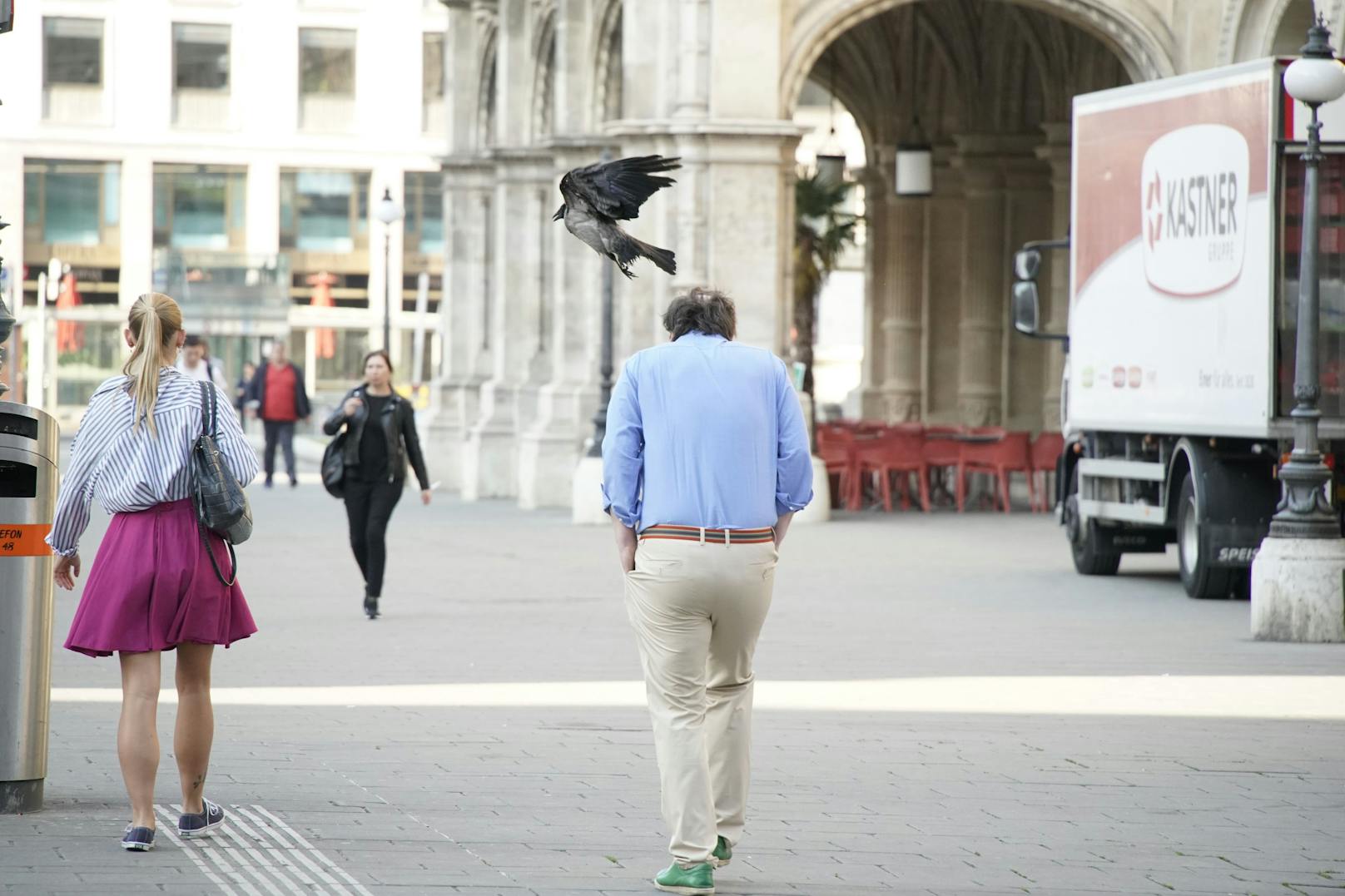 Eine der erwachsenen Krähen fliegt von hinten einen Passanten in der Wiener City an. Der bekommt zwar einen Riesen-Schreck, bleibt aber zum Glück unverletzt.