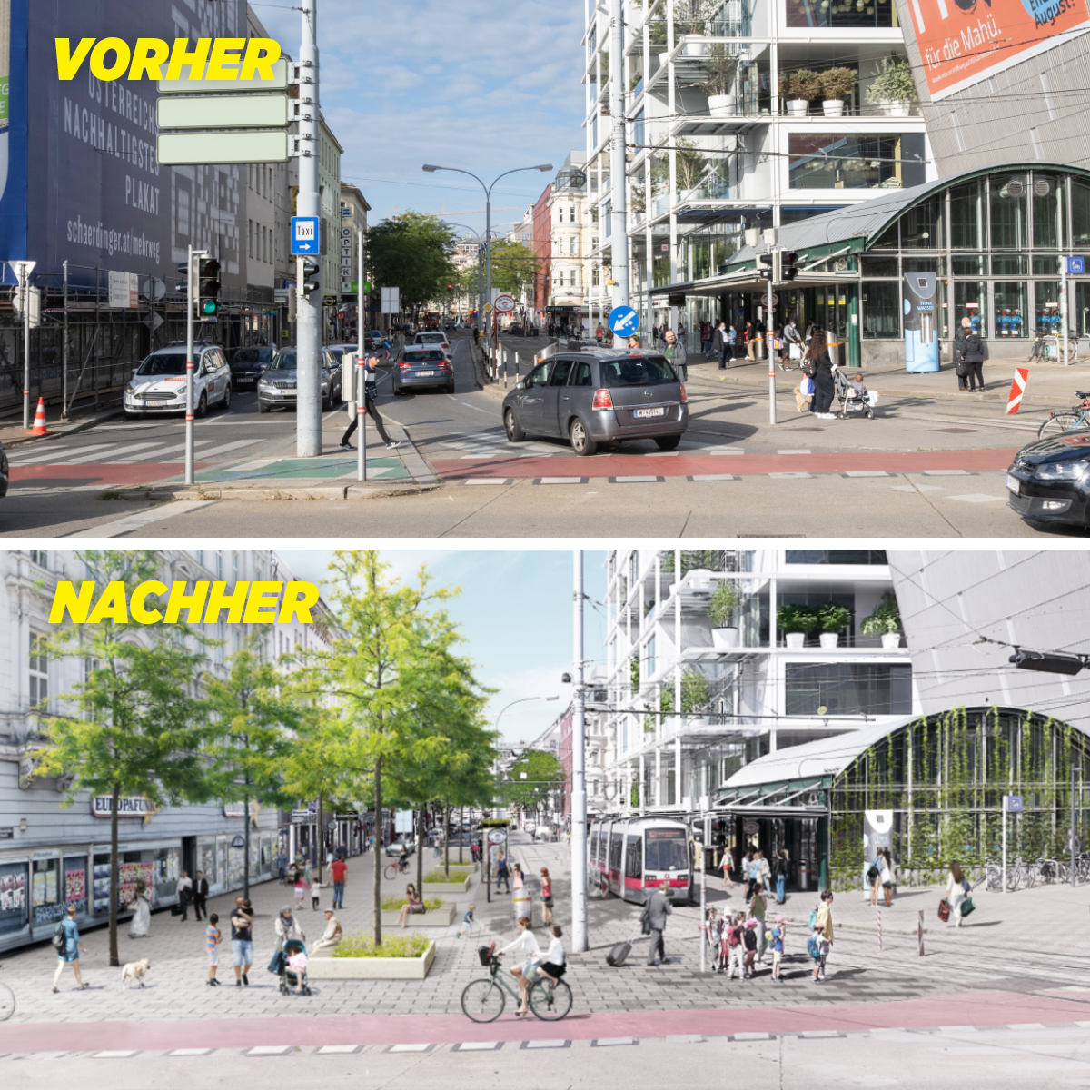 Eine Vergleich zeigt die Umgestaltung, die den Wiener Grünen für den Gürtel und das Gebiet am Westbahnhof vorschwebt.