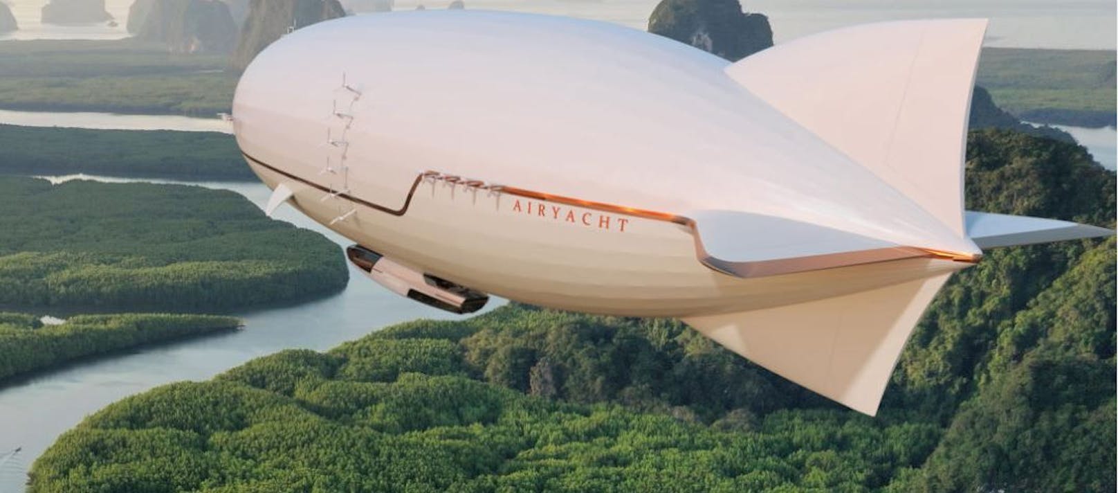 Die AirYacht besteht aus zwei Teilen: Einem mit Helium gefüllten Luftschiff und einer stromlinienförmigen Luxusyacht, die unter das Luftschiff gekoppelt ist. 