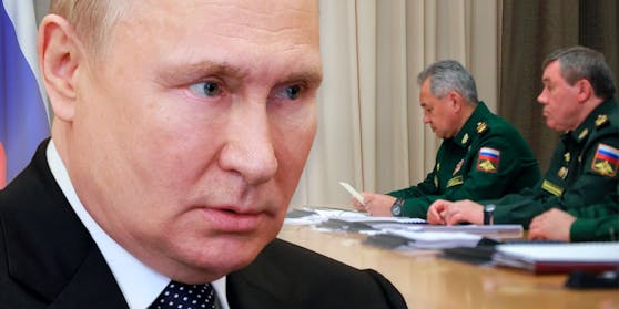 Wladimir Putin kann mit dem Fortschritt seiner Invasion der Ukraine nicht zufrieden sein. Rechts: Verteidigungsminister Sergei Schoigu und Generalstabschef Waleri Gerassimow.