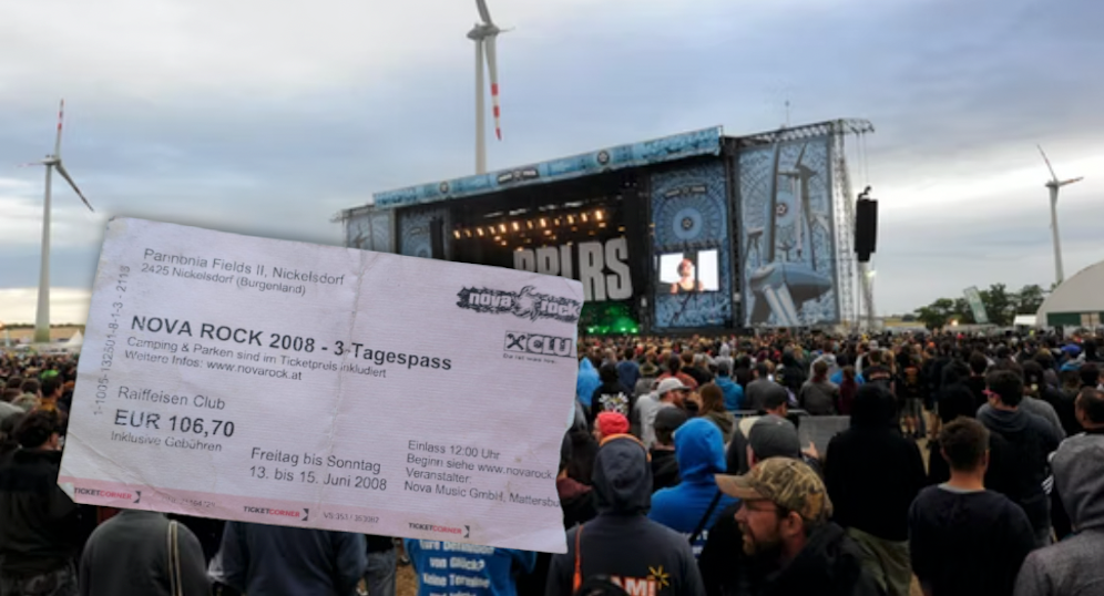 Ein altes Ticket und die Blue Stage am Nova Rock.