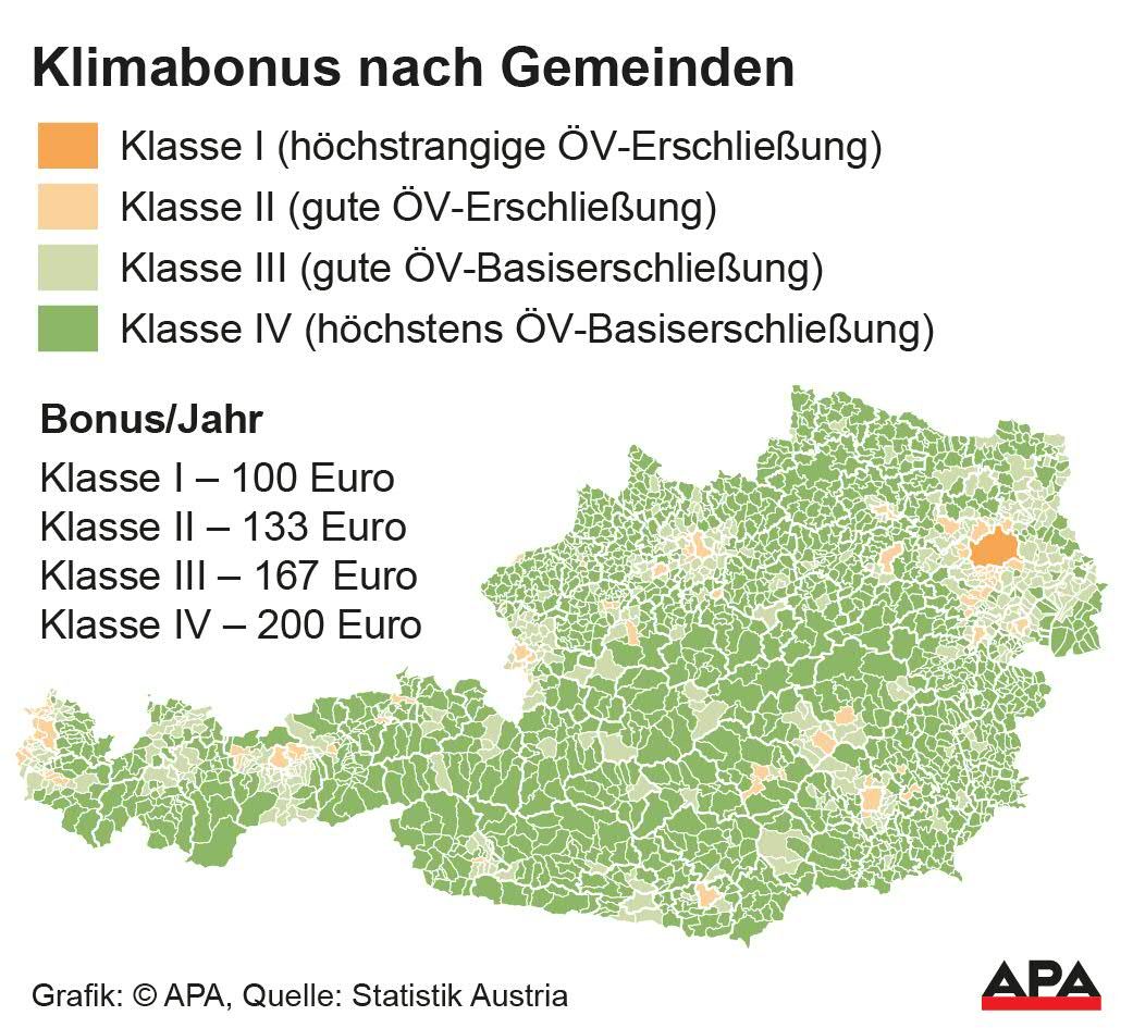 Österrreichkarte, eingefärbt nach Gemeinden von Klasse I (höchstrangige ÖV-Erschließung) bis Klasse IV (ÖV-Basiserschließung).