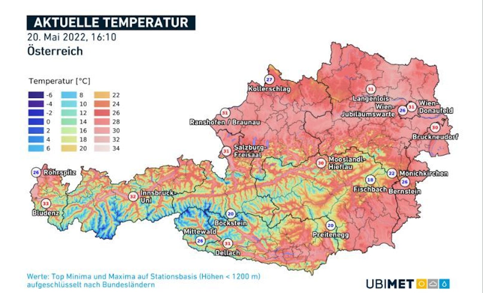Die Temperaturkarte von Ubimet zeigt, wo es am Freitag besonders heiß war.