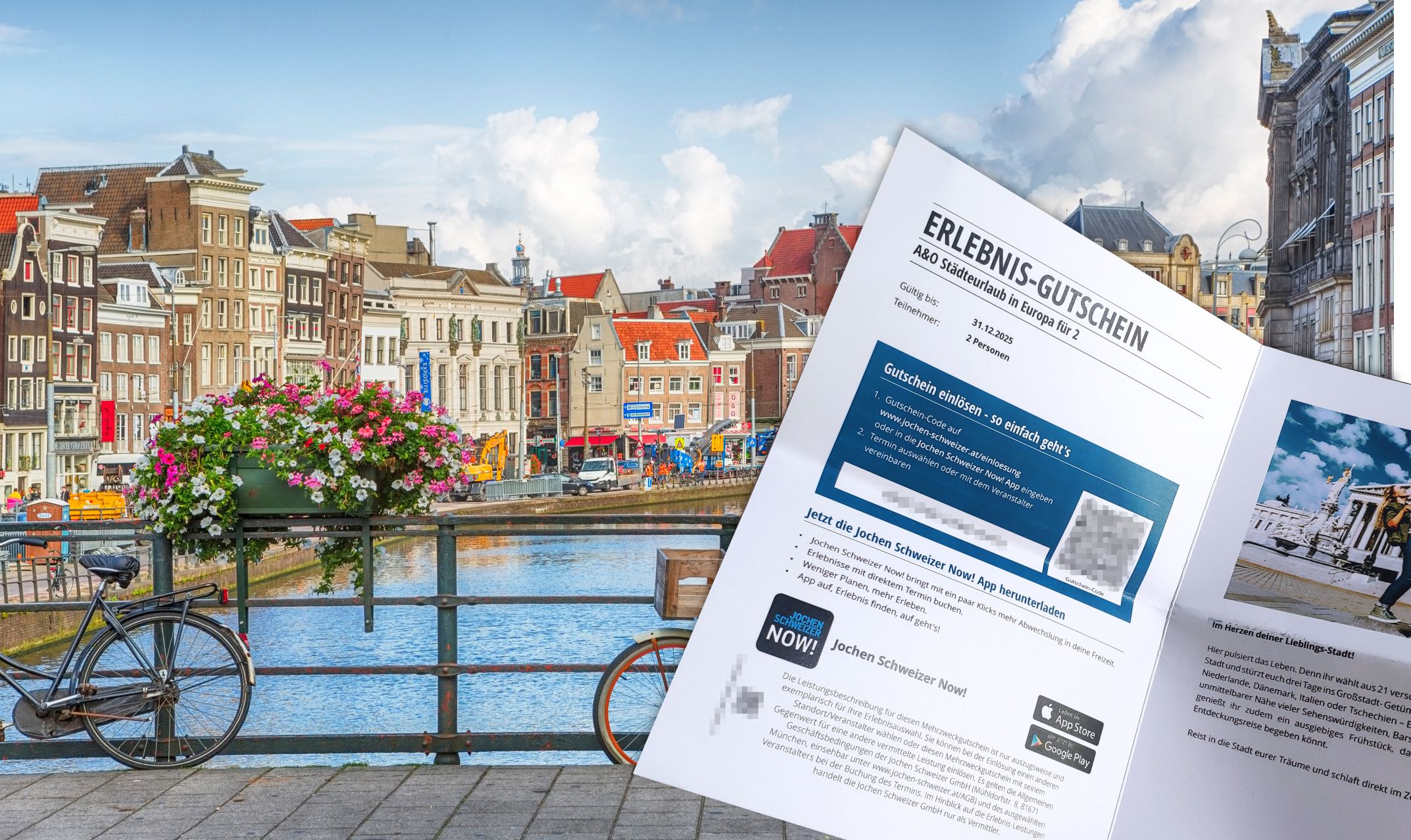 Der Gutschein und ein Bild von Amsterdam im Hintergrund.
