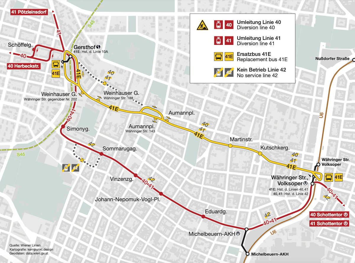 Linie 40 und 41 werden umgeleitet, kein Betrieb der Linie 42, Ersatzbus 41E zwischen Währinger Straße und Gersthof unterwegs