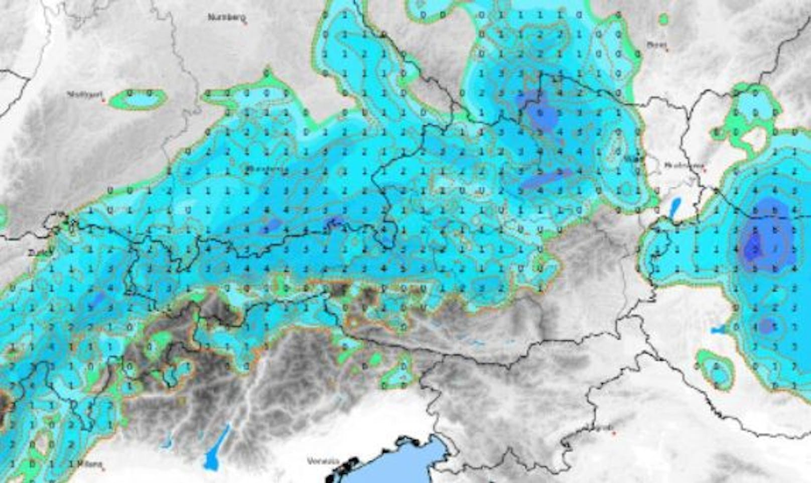Hier kommen die Unwetter: Die Niederschlagsprognose zeigt, dass es auch Wien erwischen wird.