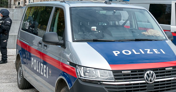Ein Polizeiauto während einer Einsatzfahrt mit Blaulicht in Wien. Archivbild