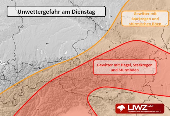 Unwetter-Gefahr am Dienstag: Die Meteorologen der UWZ rechnen im Großteil Österreichs mit Warnstufe Rot.