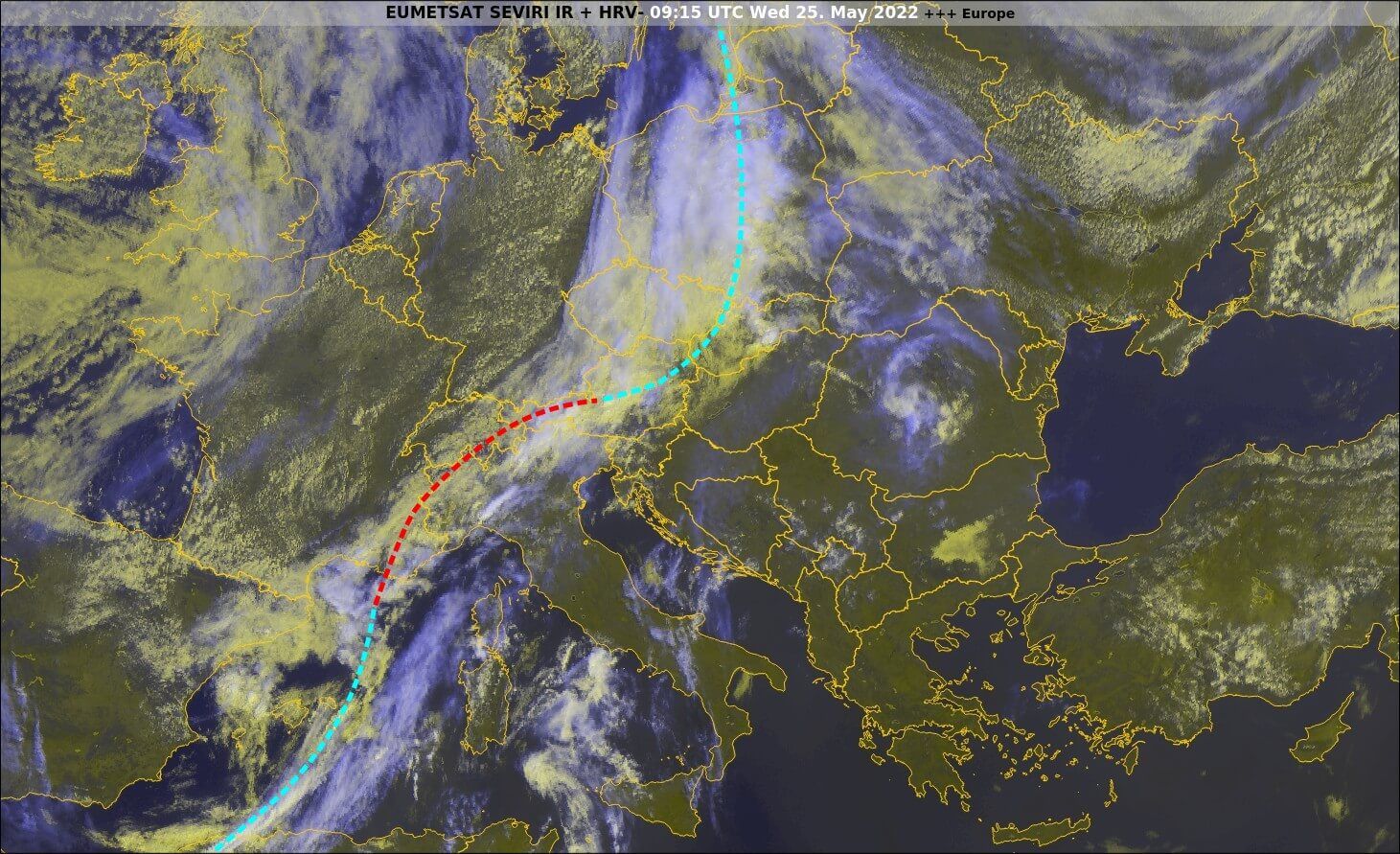 Satellitenbild um 11.15 MESZ mit Wetterfronten.