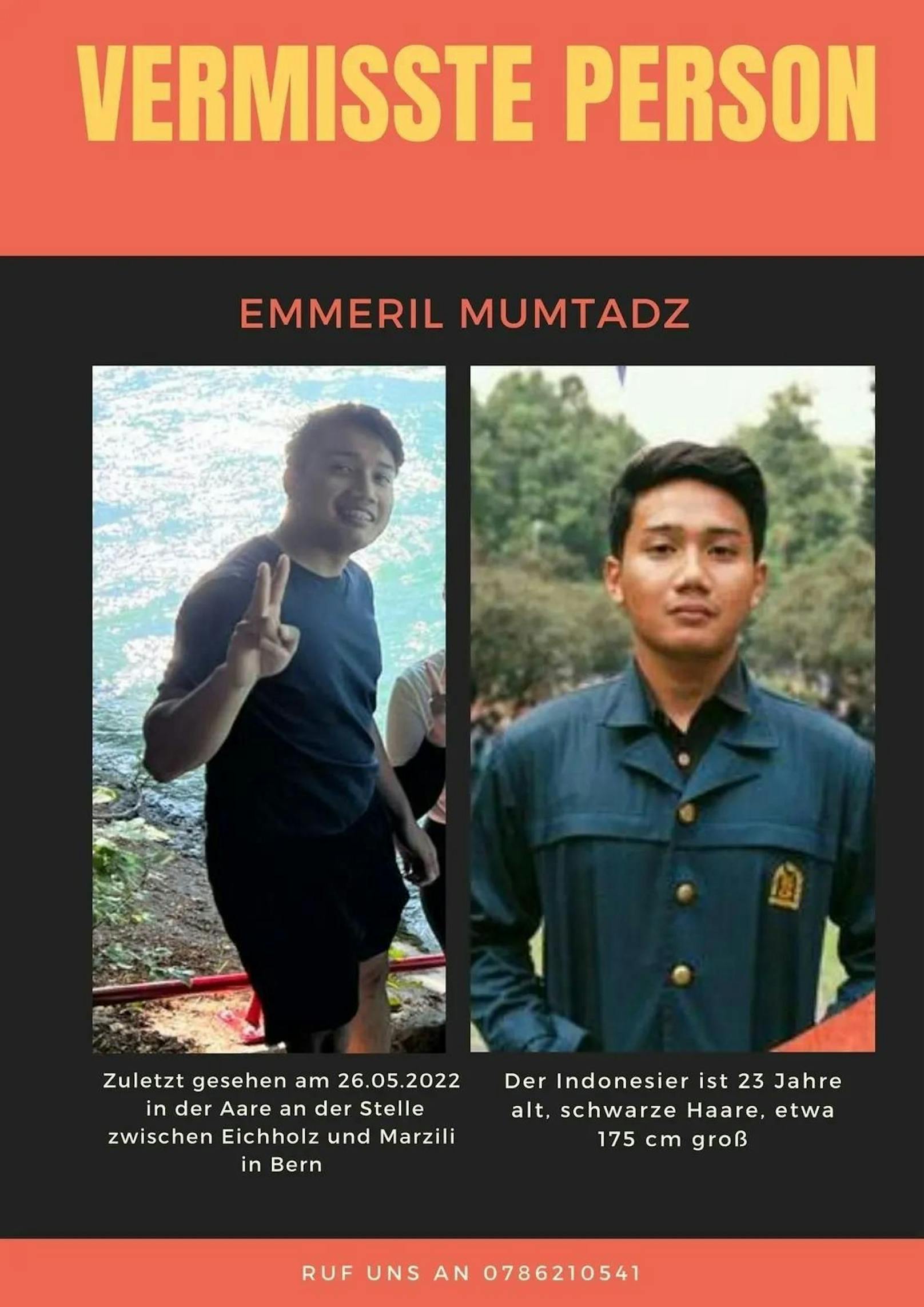 Emmeril Mumtadz (23) wird vermisst. Er trug zum Zeitpunkt seines Verschwindens ein blaues Shirt und schwarze Shorts.