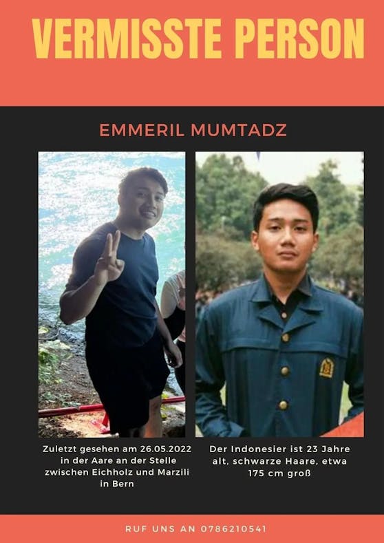 Emmeril Mumtadz (23) wird vermisst. Er trug zum Zeitpunkt seines Verschwindens ein blaues Shirt und schwarze Shorts.
