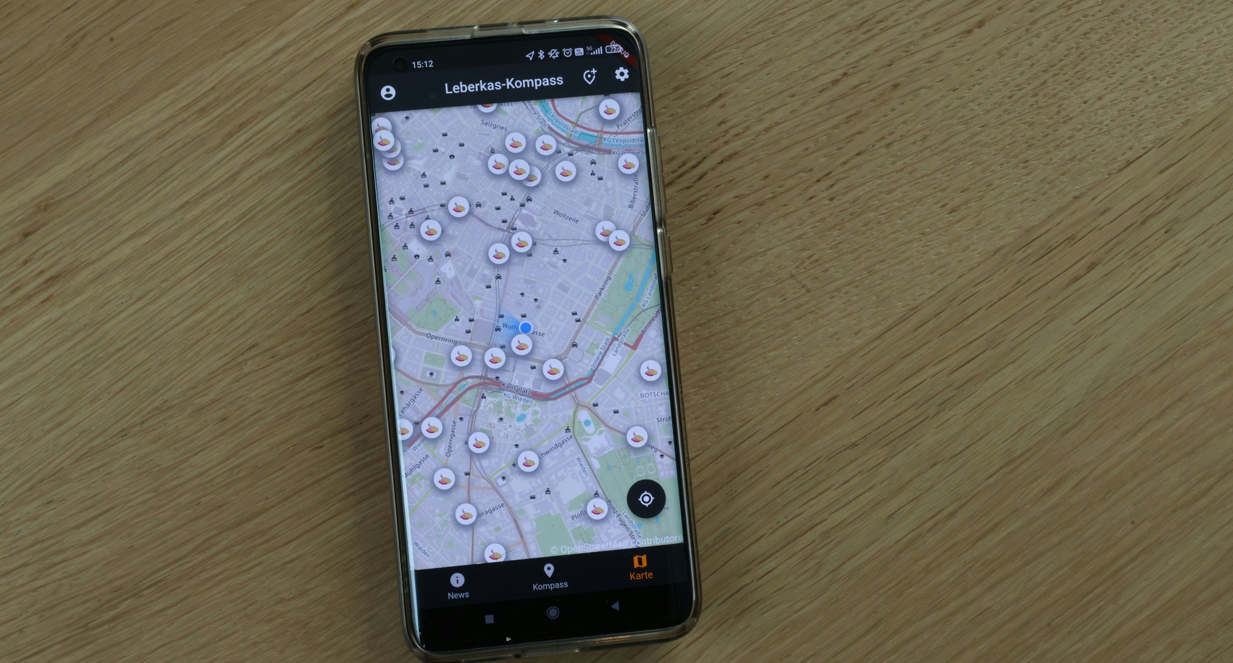 Auf der Karte werden Leberkäse-Destinationen angezeigt.