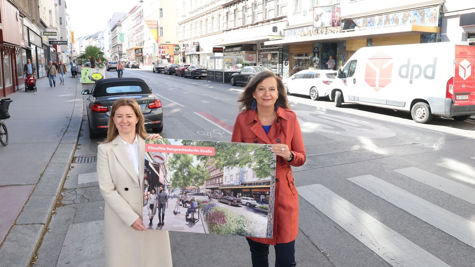 Planungsstadträtin Ulli Sima (re.) und Margaretens Bezirksvorsteherin Silvia Jankovic (beide SPÖ) präsentierten die Pläne für die Reinprechtsdorfer Straße in Wien-Margareten.