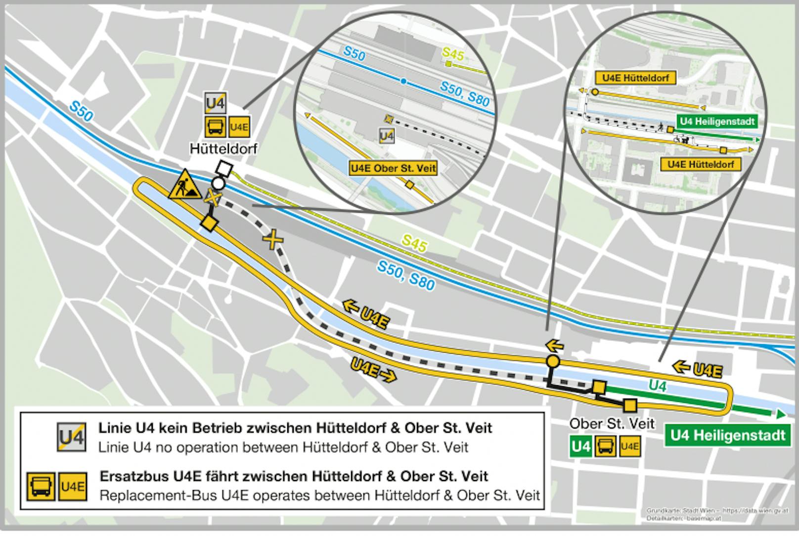 Ersatzlinie U4Z im U-Bahn-Intervall zwischen Ober St. Veit und Hütteldorf