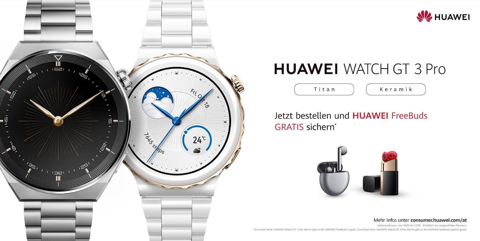 Im Aktionszeitraum bis zum 12. Juni: Bei der Bestellung einer neuen HUAWEI Watch GT 3 Pro Titan, bekommen die Käufer*innen HUAWEI FreeBuds gratis dazu.