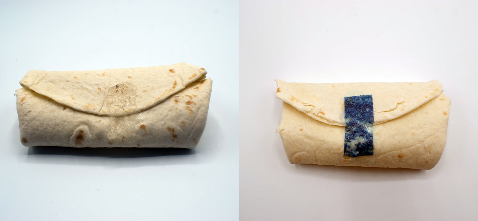 "Tastee Tape" ist ein durchsichtiges, essbares Klebeband, das Wraps beim Essen geschlossen hält. Zur besseren Veranschaulichung wurde dem Band auf dem Bild rechts blauer Farbstoff hinzugefügt.