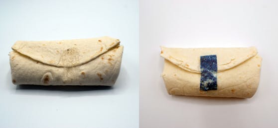"Tastee Tape" ist ein durchsichtiges, essbares Klebeband, das Wraps beim Essen geschlossen hält. Zur besseren Veranschaulichung wurde dem Band auf dem Bild rechts blauer Farbstoff hinzugefügt.