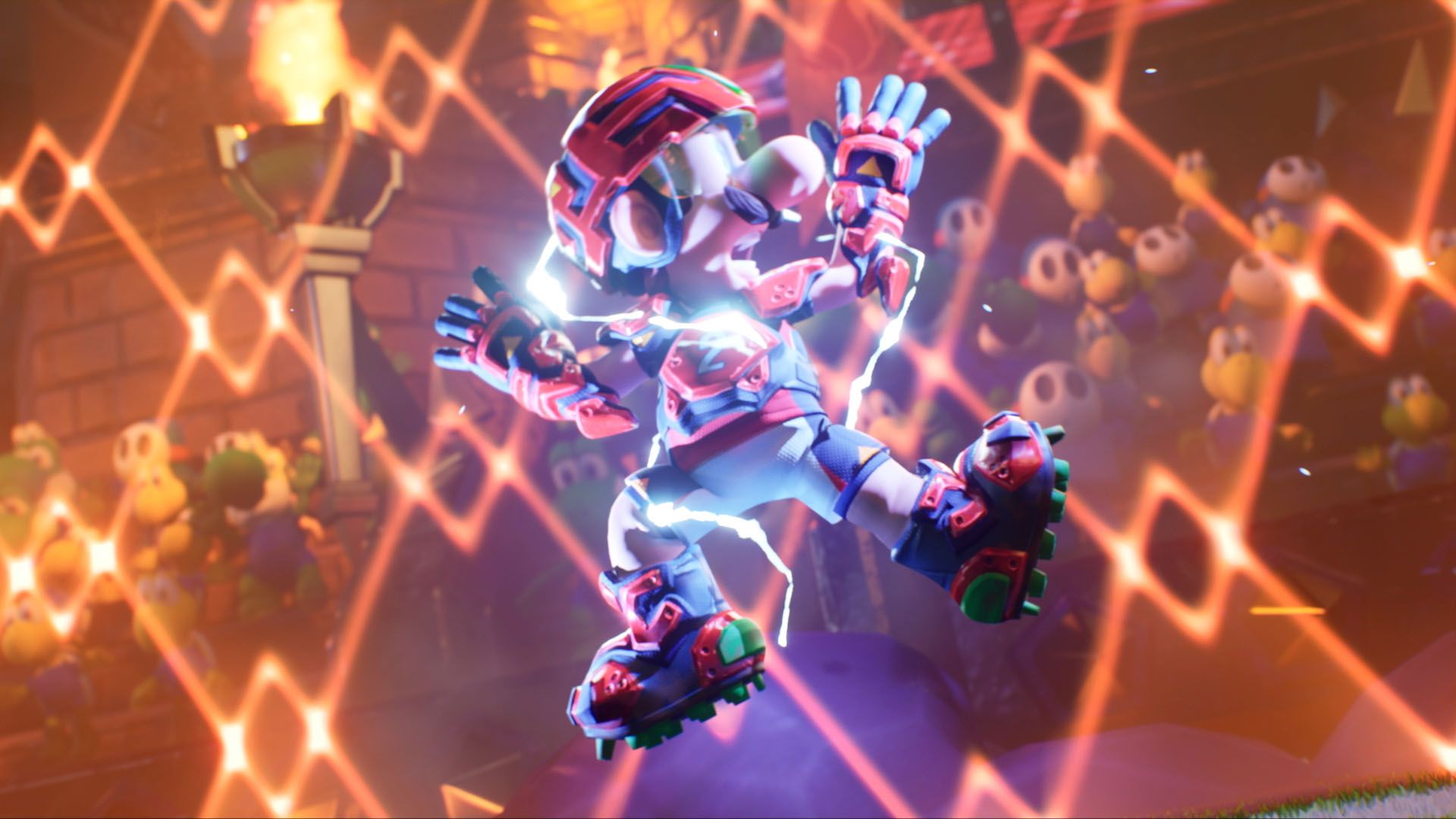 "Mario Strikers: Battle League Football" im Test: Stromführende Wände sorgen für spektakuläre Spieler-Tacklings.