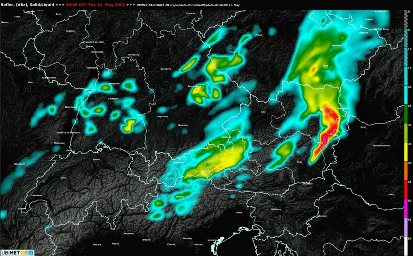 Unwetter am Dienstag: Wetterradar-Modellprognose für 20 Uhr