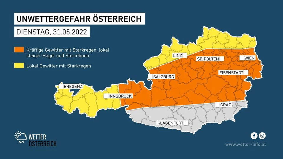 Unwettergefahr am Dienstag in Österreich.