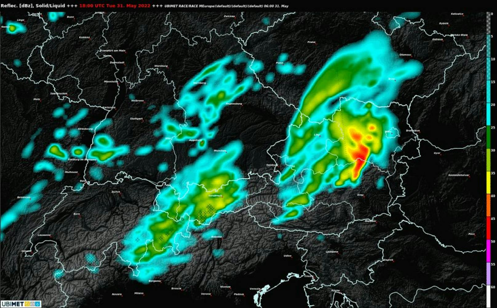 Unwetter am Dienstag: Wetterradar-Modellprognose für 18 Uhr