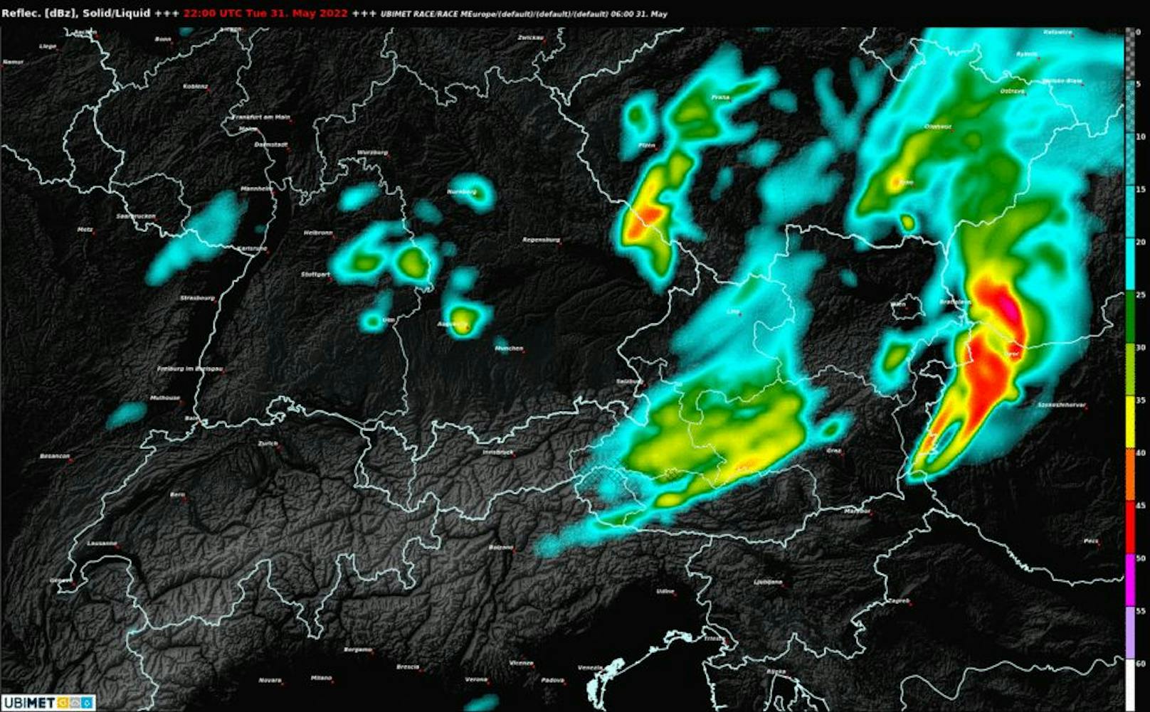 Unwetter am Dienstag: Wetterradar-Modellprognose für 22 Uhr