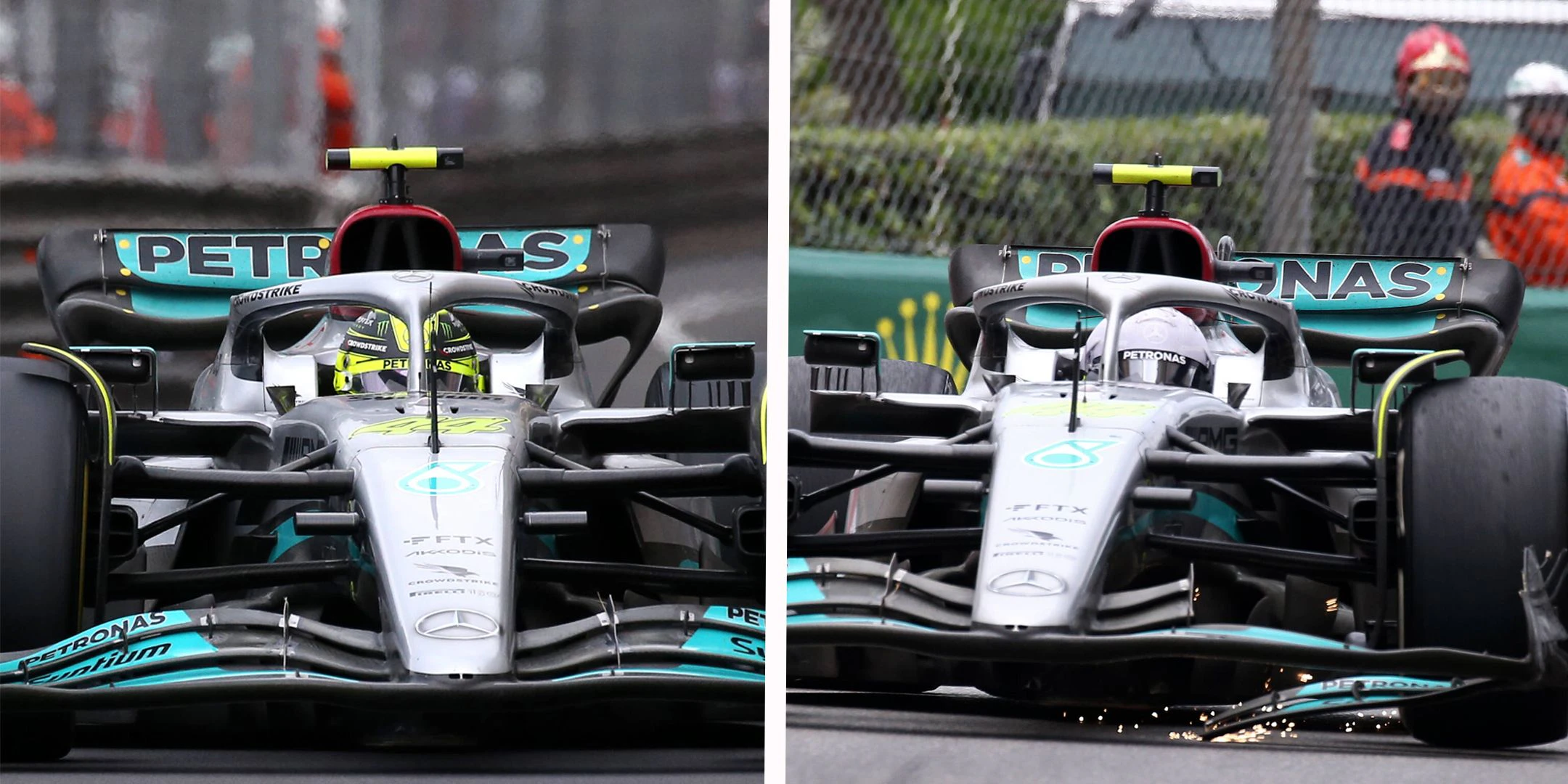 Links Hamilton in der ersten Rennphase, rechts der Rekord-Champion mit dem neuen, weißen Helm.
