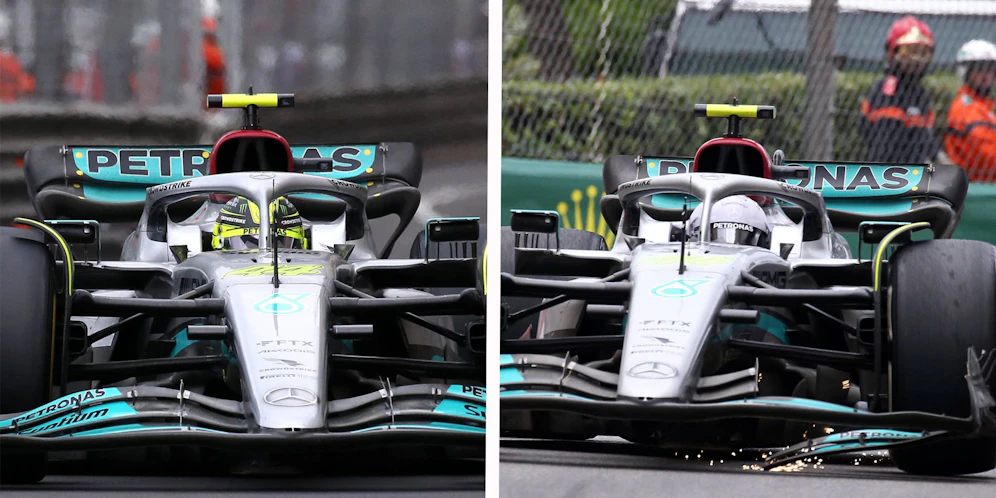 Links Hamilton in der ersten Rennphase, rechts der Rekord-Champion mit dem neuen, weißen Helm.