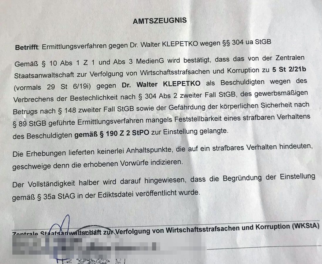Das Amtszeugnis über die Einstellung der Ermittlungen gegen den Mediziner
