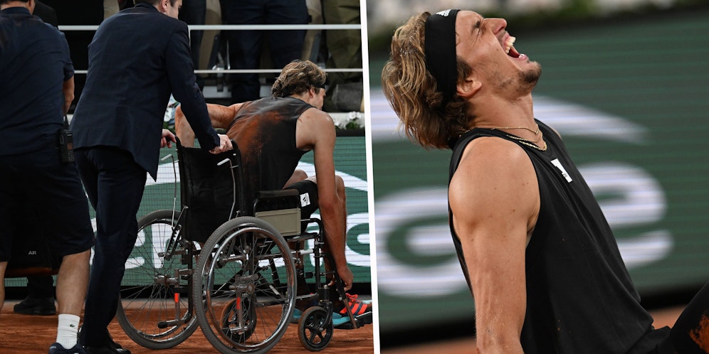 Alexander Zverev muss im Rollstuhl vom Platz gebracht werden.