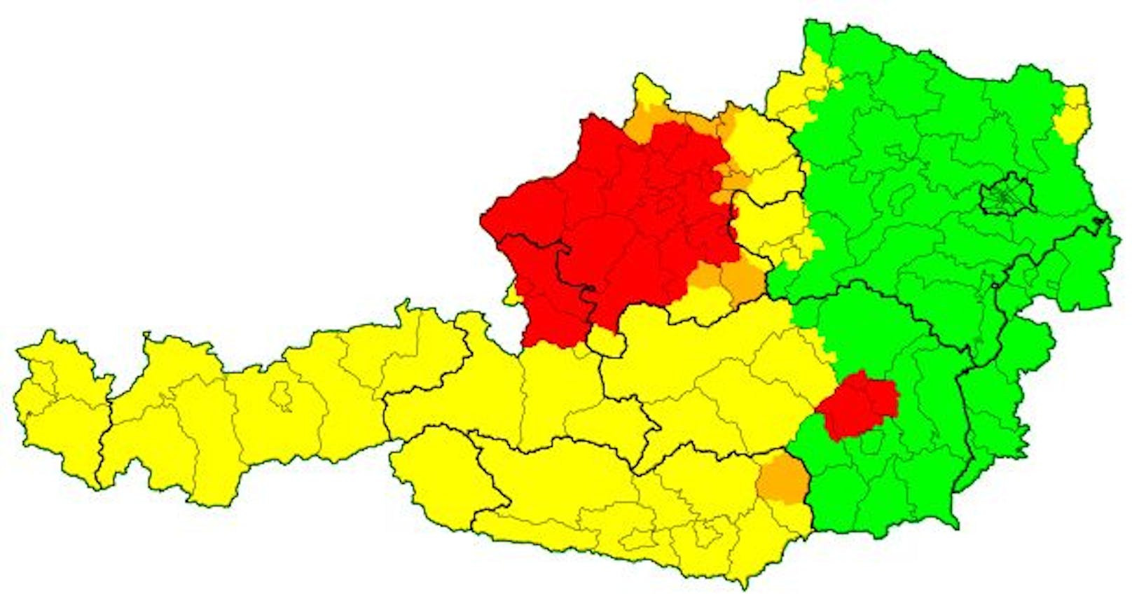 21.45 Uhr: In Oberösterreich und dem Flachgau, sowie nördlich von Graz, gilt Warnstufe Rot.