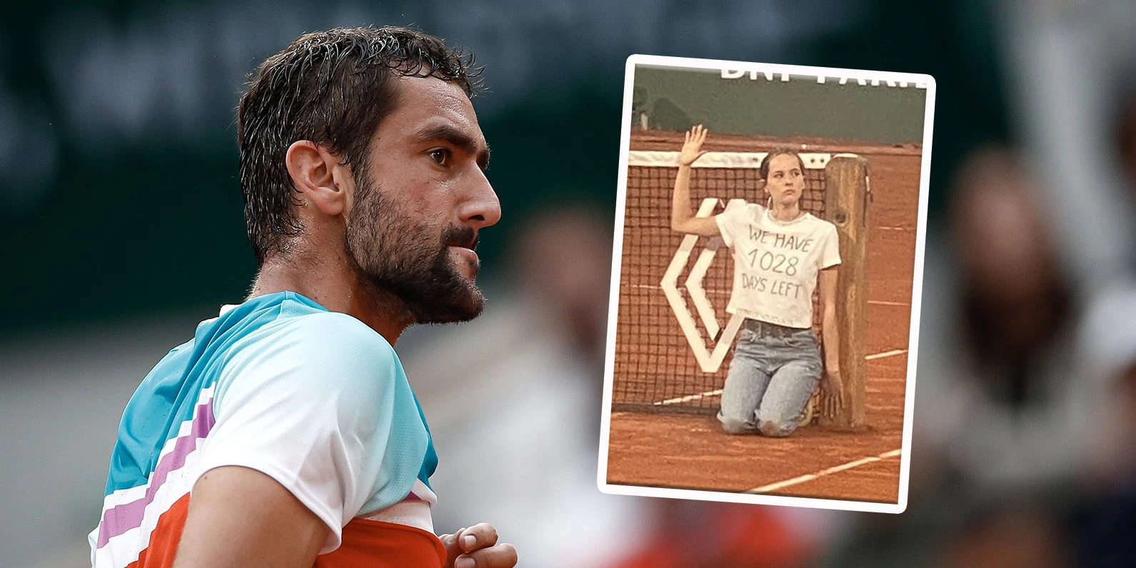 Marin Cilic und die Aktivistin, die sich ans Netz kettete.