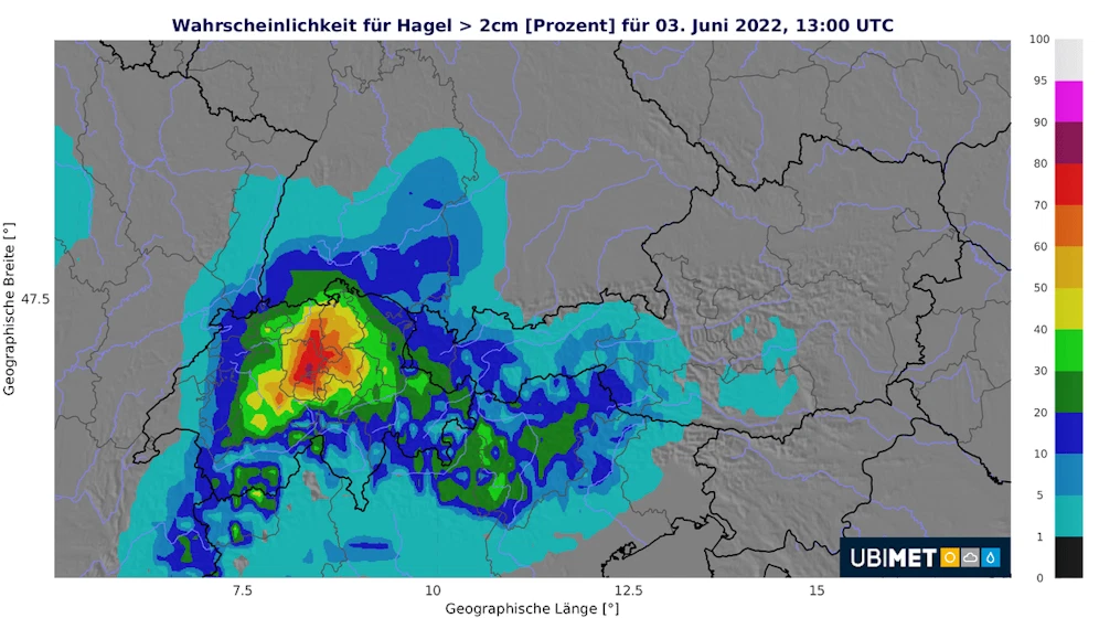 Eine riesige Hagelwolke bringt Österreich laut UBIMET am Freitagnachmittag und -abend erhöhte Hagelgefahr.